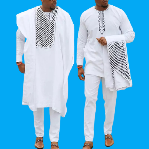 Ensemble Traditionnel Africain Homme - Tunique, pantalon et grand boubou  Blanc à broderies sur le devant - Abada - Afro Traditional Shop