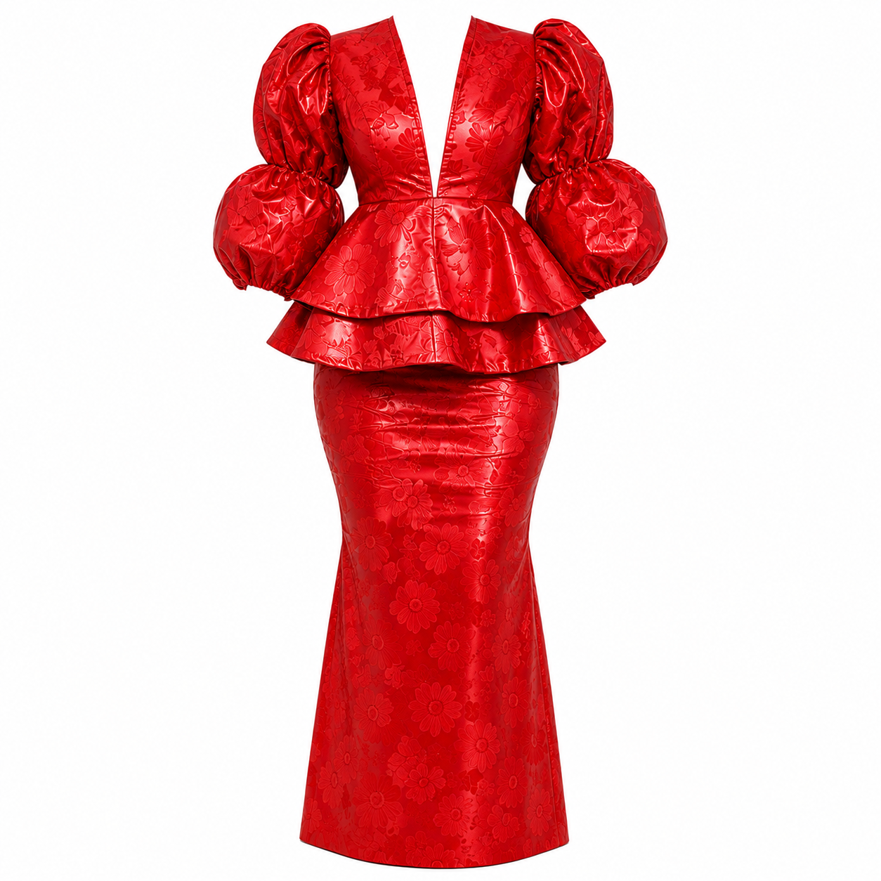 L'ENSEMBLE SIRÈNE PÉPLUM EN BAZIN RICHE ROUGE