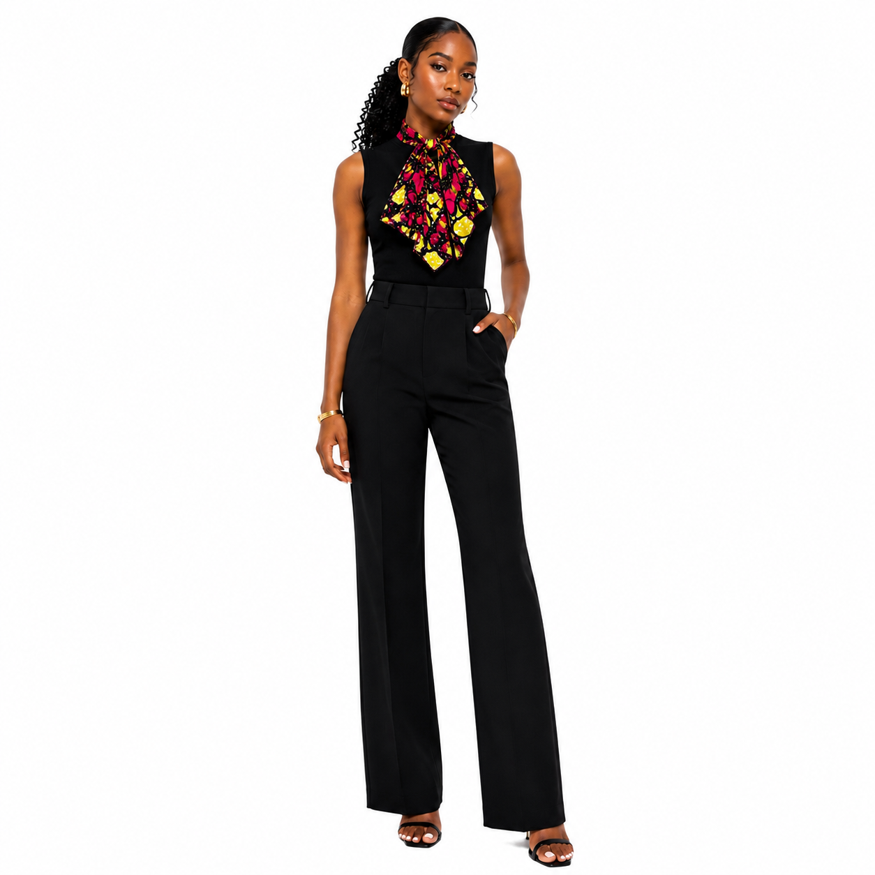 CRAVATE FEMME EN WAX – MOTIF FUCHSIA & JAUNE
